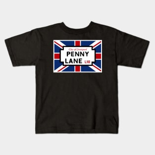 Penny Lane Street Sign and Union Jack Flag Kids T-Shirt